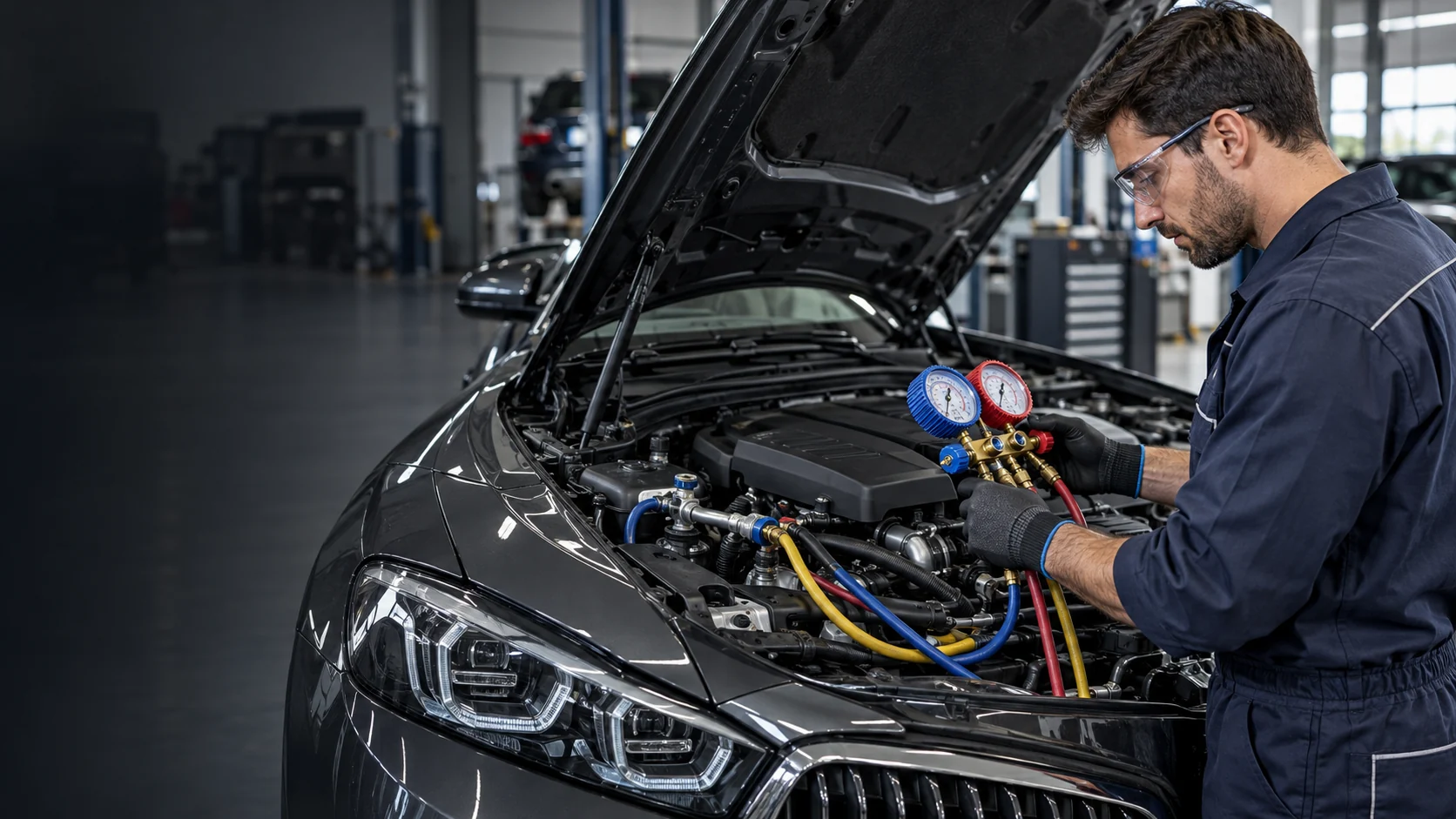 Trabajo profesional de aire acondicionado en un taller de automoción