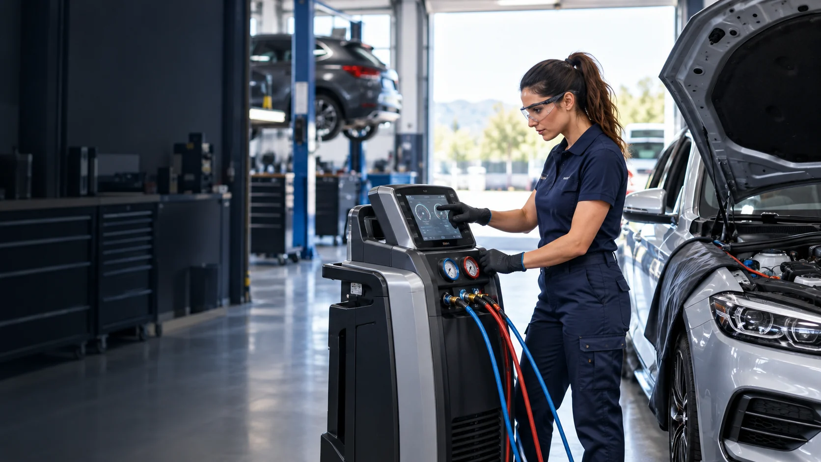 Trabajo profesional de aire acondicionado en un taller de automoción
