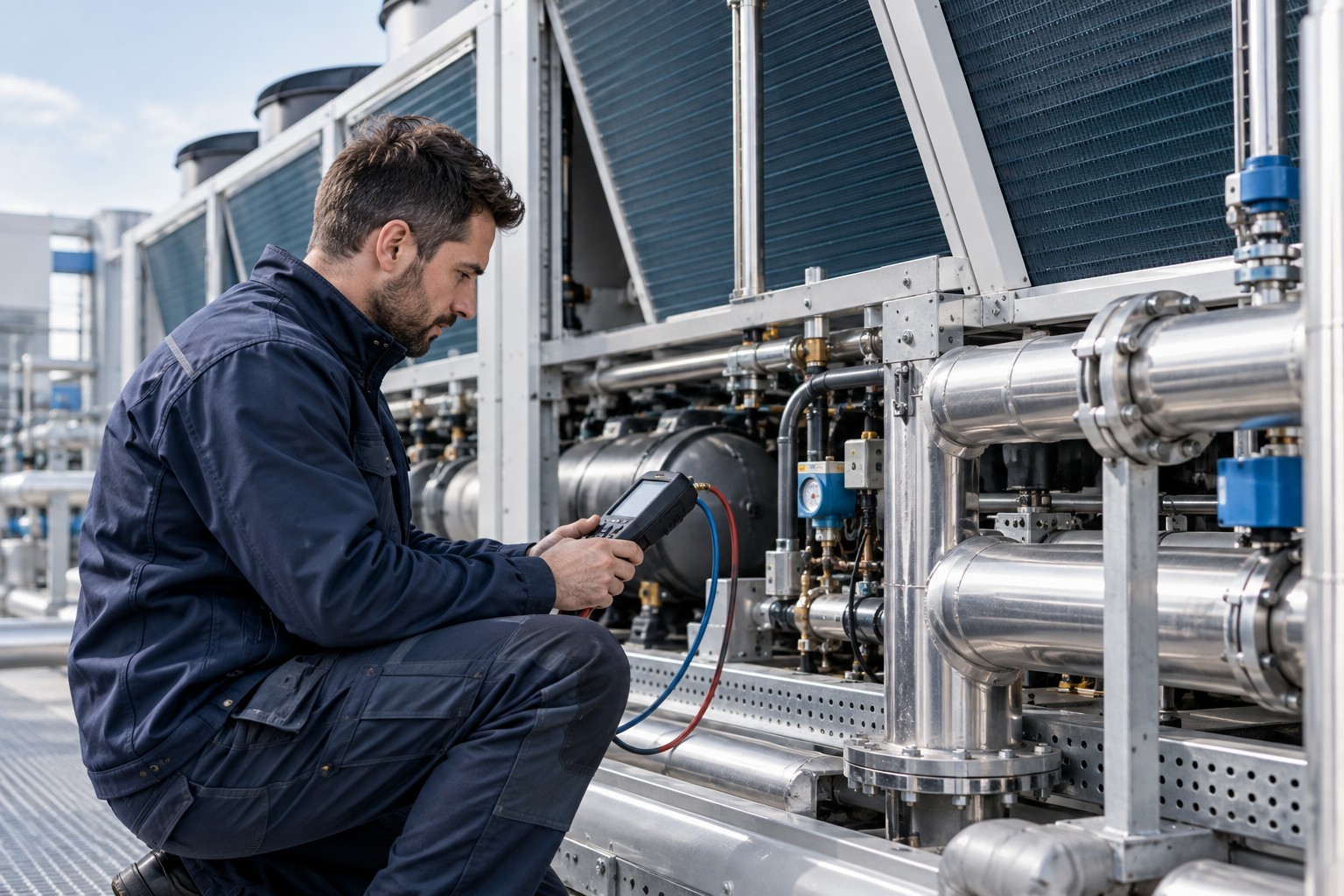 Imagen ilustrativa de un técnico inspeccionando un sistema de refrigeración